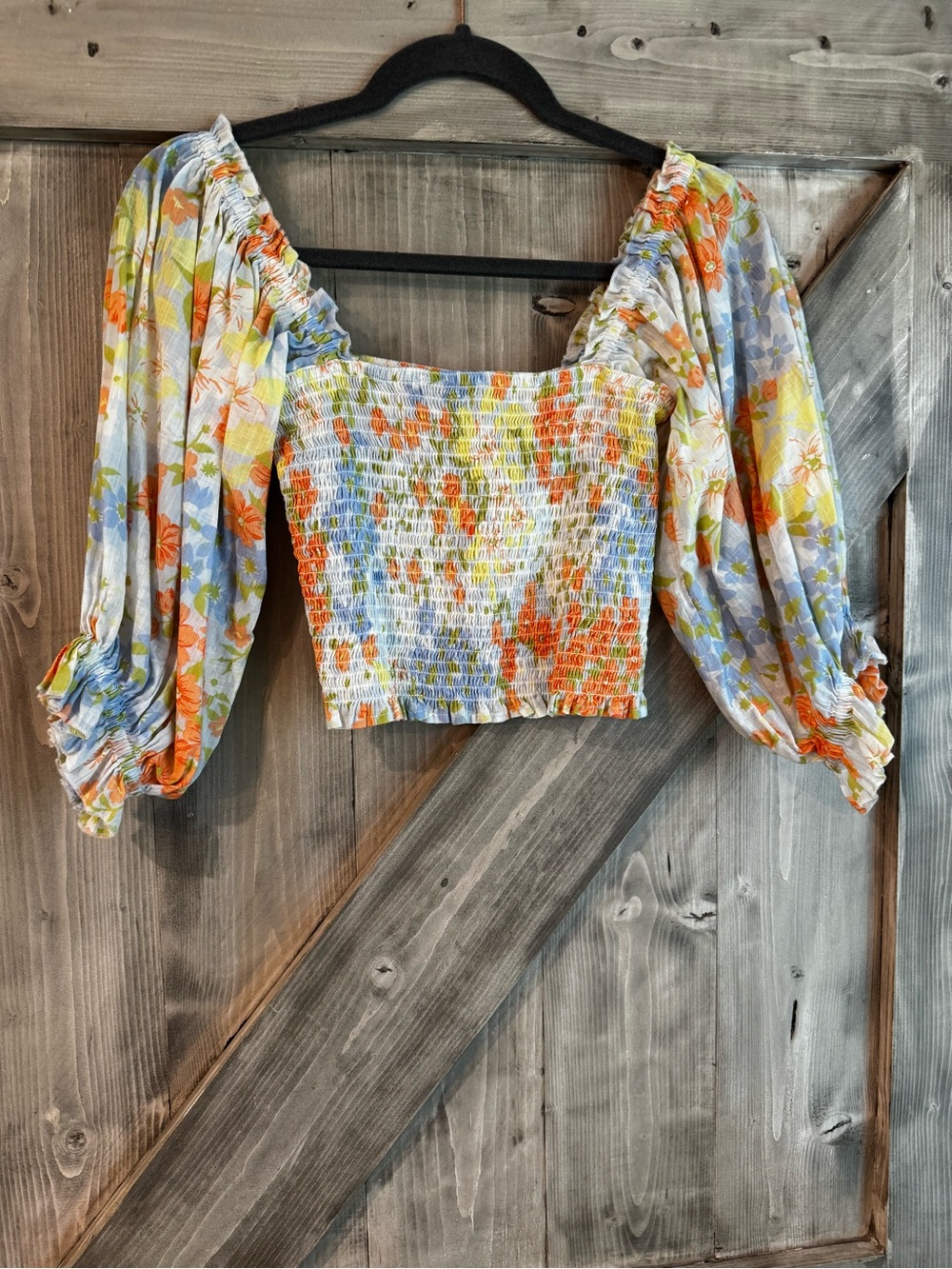 Billabong Floral Smocked Puff-Sleeve Crop Top - Blue, Orange, Yellow, Cream